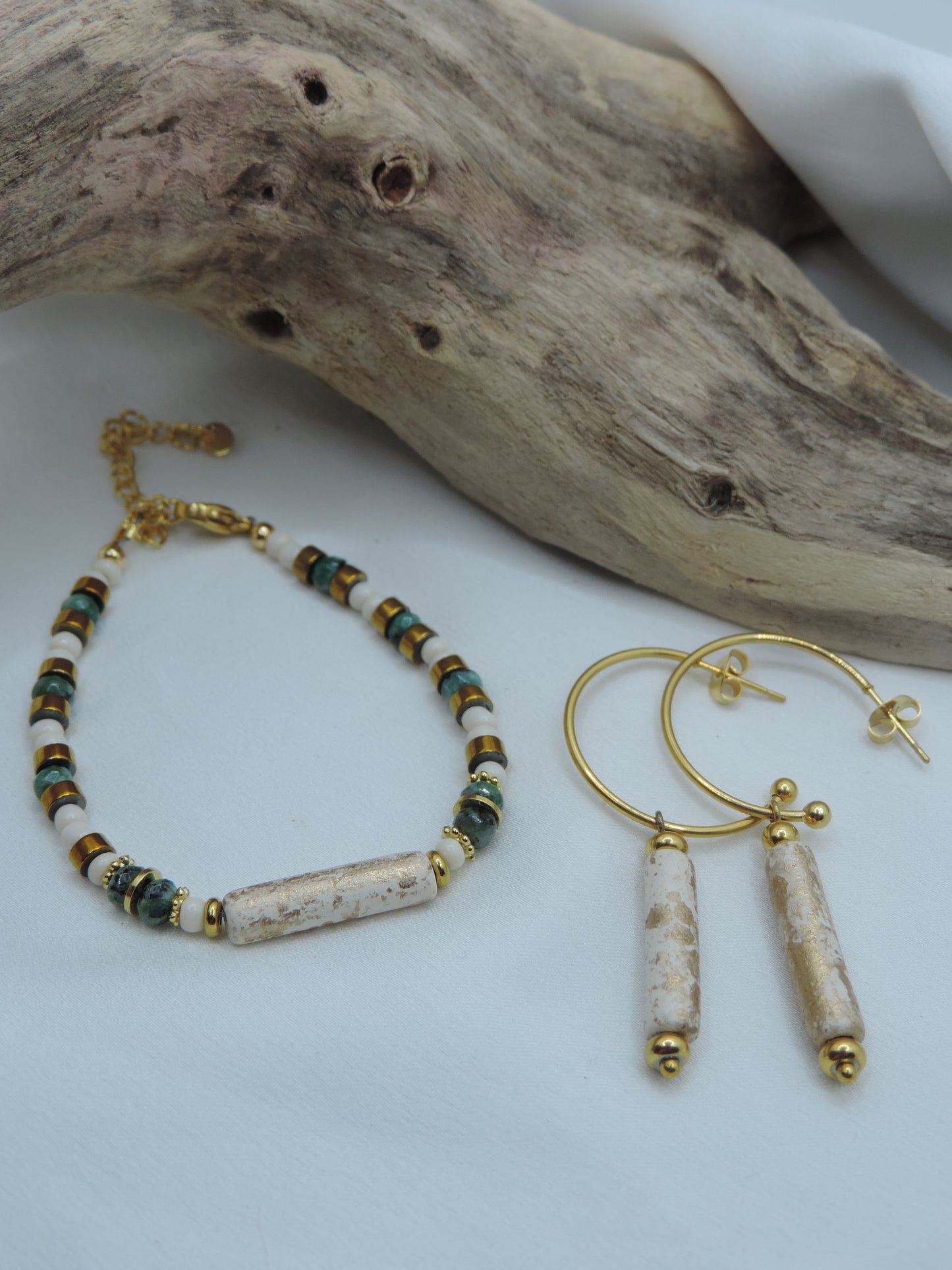 Ensemble de boucles d'oreilles en acier inoydable doré créole et pierre naturelle quartz vert